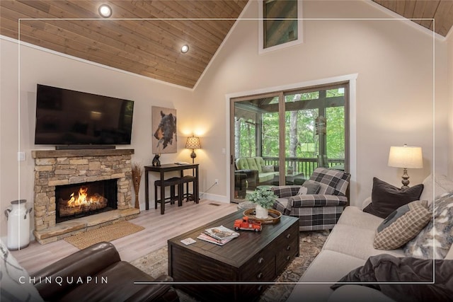 194 Redrock Trl, Glenville, NC 28736 - living room with high vaulted ceiling, a stone fireplace, recessed lighting, wooden ceiling, and wood finished floors