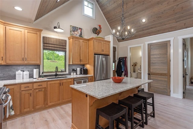 194 Redrock Trl, Glenville, NC 28736 - kitchen with light wood-style floors, a kitchen island, appliances with stainless steel finishes, a sink, and backsplash