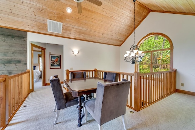 dining space featuring wood ceiling, light colored carpet, ceiling fan, a chandelier, and high vaulted ceiling
