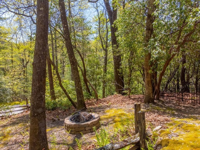 view of yard featuring an outdoor fire pit and a view of trees
