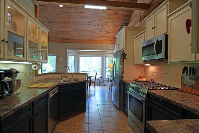 44 Rocky Knob Ln, Scaly Mountain, NC 28775 - kitchen featuring stainless steel appliances, a sink, vaulted ceiling, wooden ceiling, and cream cabinetry