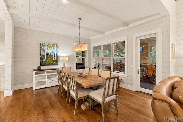 dining area featuring hardwood / wood-style floors, wooden walls, and beamed ceiling