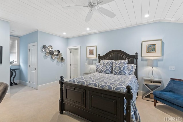 carpeted bedroom with lofted ceiling, wood ceiling, and ceiling fan