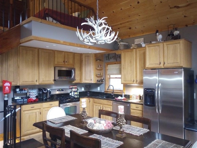 kitchen with sink, hanging light fixtures, light brown cabinets, a notable chandelier, and stainless steel appliances