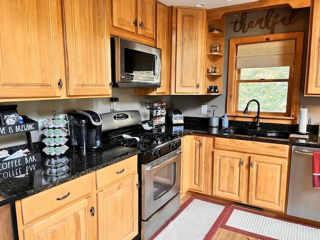 kitchen with appliances with stainless steel finishes, sink, and dark stone counters