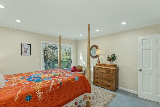 bedroom with access to outside, recessed lighting, baseboards, and ornamental molding