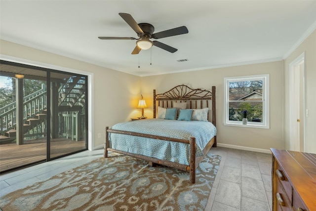 bedroom featuring visible vents, crown molding, ceiling fan, baseboards, and access to outside