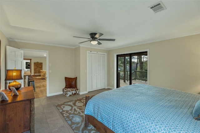 bedroom with access to exterior, baseboards, visible vents, and ornamental molding