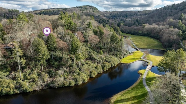 aerial view with a forest view and a water view