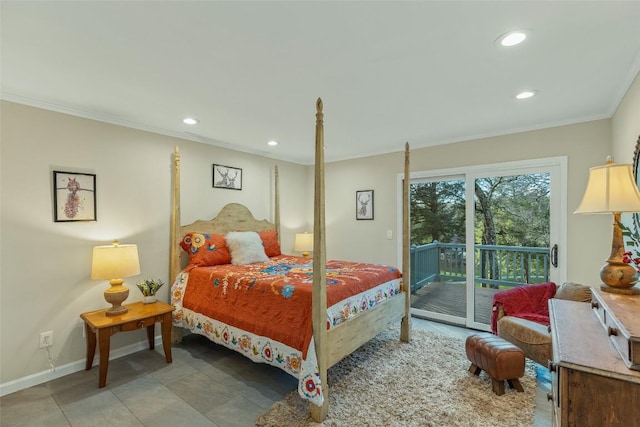 bedroom featuring access to exterior, recessed lighting, baseboards, and ornamental molding