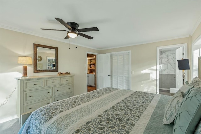 bedroom featuring connected bathroom, a ceiling fan, and ornamental molding