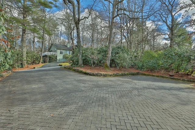 view of road featuring decorative driveway