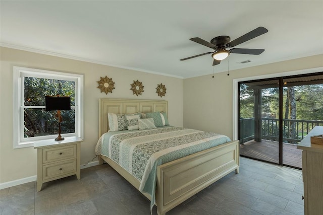 bedroom featuring visible vents, ornamental molding, access to exterior, baseboards, and ceiling fan