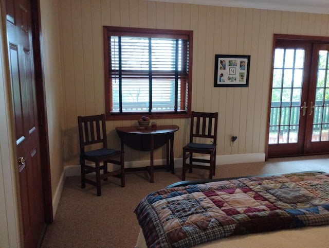 172 Moon Ridge Dr, Sky Valley, GA 30537 - bedroom with carpet flooring, multiple windows, french doors, access to outside, and wood walls