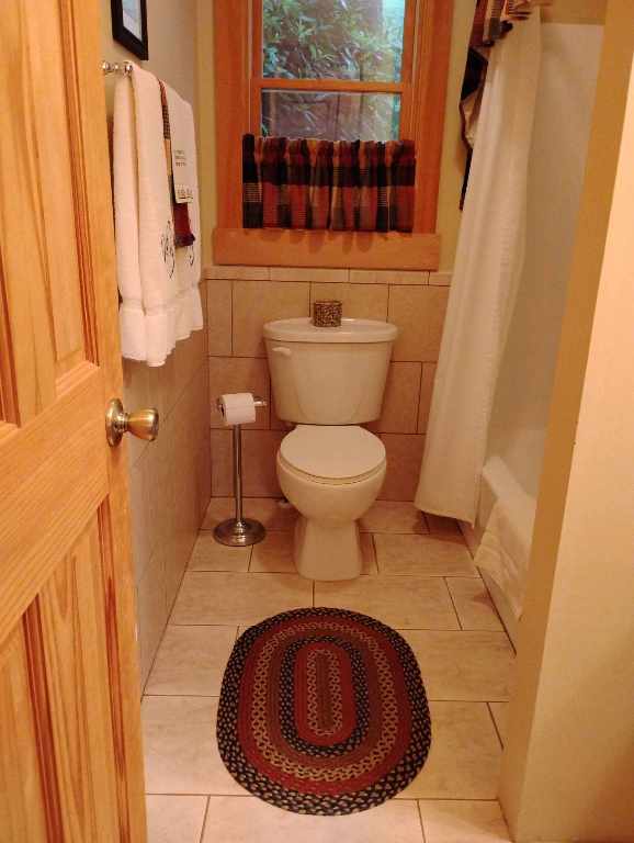 172 Moon Ridge Dr, Sky Valley, GA 30537 - full bathroom featuring toilet, tile patterned flooring, tile walls, and shower / tub combo with curtain