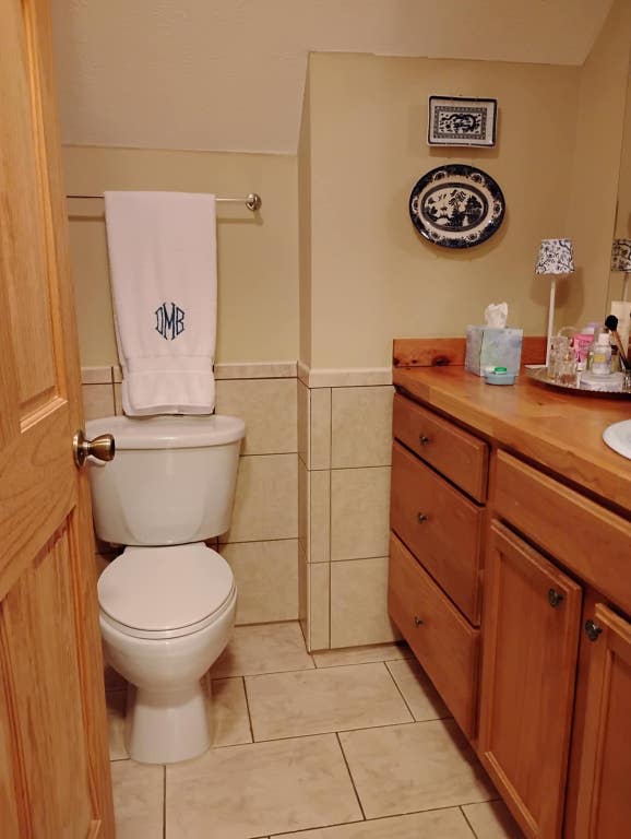 172 Moon Ridge Dr, Sky Valley, GA 30537 - half bathroom with toilet, vanity, a wainscoted wall, and tile patterned flooring
