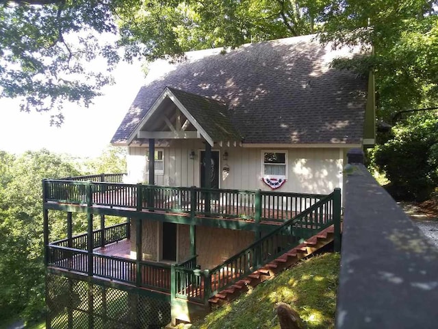 172 Moon Ridge Dr, Sky Valley, GA 30537 - chalet / cabin with a wooden deck, stairs, and roof with shingles