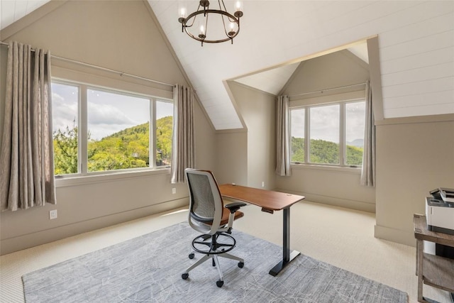 494 E Ridge Rd, Cashiers, NC 28717 - carpeted office featuring vaulted ceiling and a chandelier