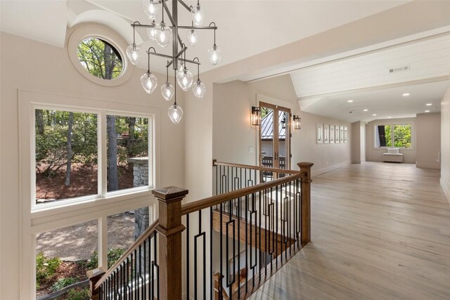 494 E Ridge Rd, Cashiers, NC 28717 - hall featuring an upstairs landing, lofted ceiling, wood finished floors, baseboards, and recessed lighting