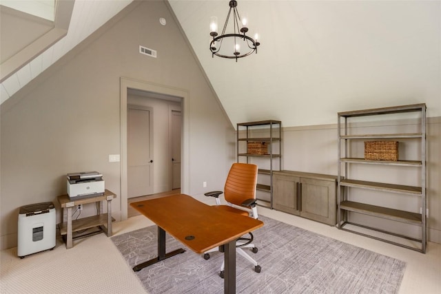 494 E Ridge Rd, Cashiers, NC 28717 - home office featuring a chandelier, carpet, and high vaulted ceiling