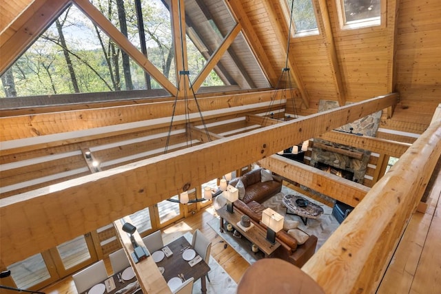 misc room featuring hardwood / wood-style floors, wooden ceiling, wood walls, beam ceiling, and a skylight