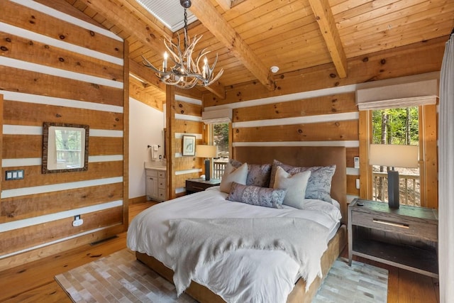 bedroom with a chandelier, wood walls, hardwood / wood-style floors, beam ceiling, and wooden ceiling