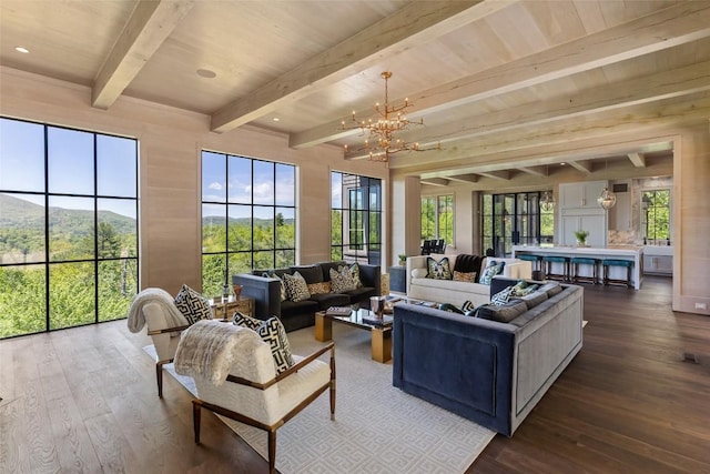 893 High Mountain Dr, Cashiers, NC 28717 - living room with a chandelier, hardwood / wood-style flooring, a mountain view, and wood ceiling with exposed beams