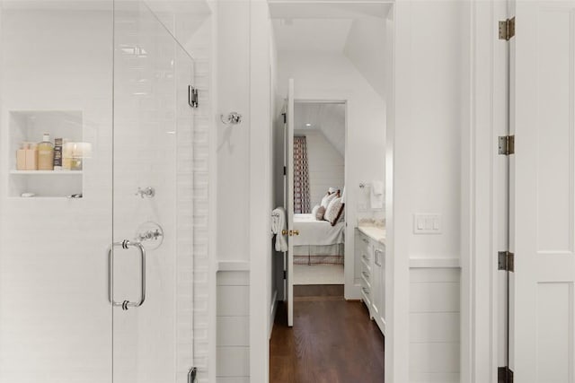 893 High Mountain Dr, Cashiers, NC 28717 - ensuite bathroom with a stall shower, wood finished floors, and vanity