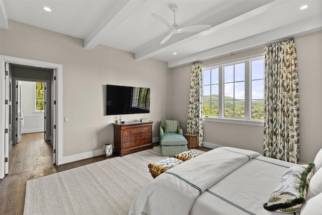 893 High Mountain Dr, Cashiers, NC 28717 - bedroom featuring multiple windows, baseboards, beam ceiling, wood finished floors, and recessed lighting