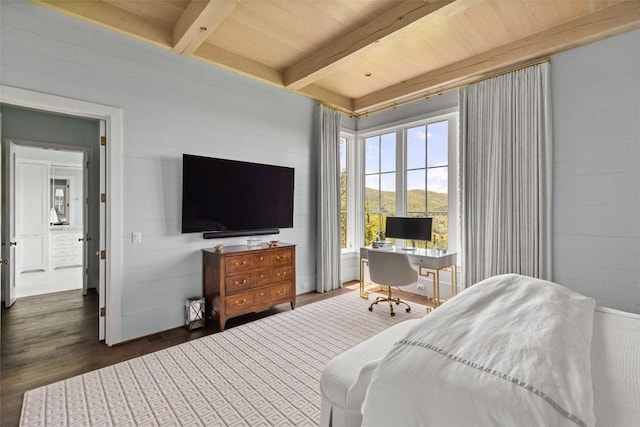 893 High Mountain Dr, Cashiers, NC 28717 - bedroom with dark wood-type flooring, wooden ceiling with exposed beams, and an office area