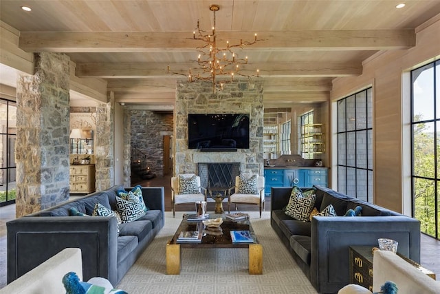 893 High Mountain Dr, Cashiers, NC 28717 - living area with wooden ceiling with exposed beams, a fireplace, and a chandelier