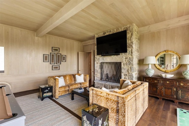 893 High Mountain Dr, Cashiers, NC 28717 - living area featuring wood ceiling with exposed beams, a stone fireplace, wood walls, and wood finished floors