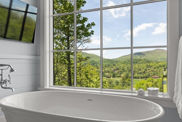 893 High Mountain Dr, Cashiers, NC 28717 - bathroom with a freestanding tub, a mountain view, a forest view, and healthy amount of natural light