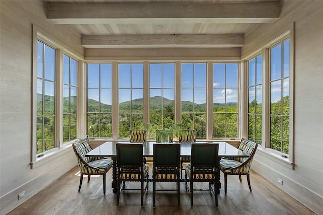 893 High Mountain Dr, Cashiers, NC 28717 - sunroom / solarium featuring beamed ceiling, a mountain view, and wood finished floors