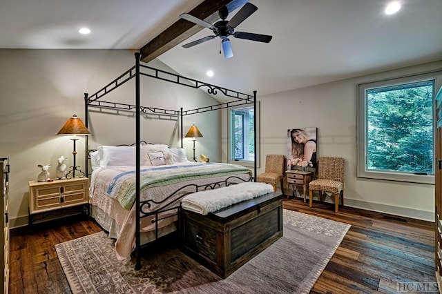 bedroom featuring dark wood-type flooring, ceiling fan, and lofted ceiling with beams