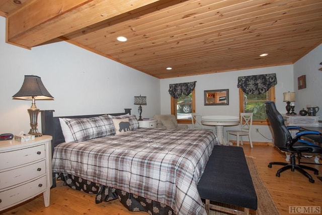 bedroom with light wood-type flooring, lofted ceiling, and wooden ceiling