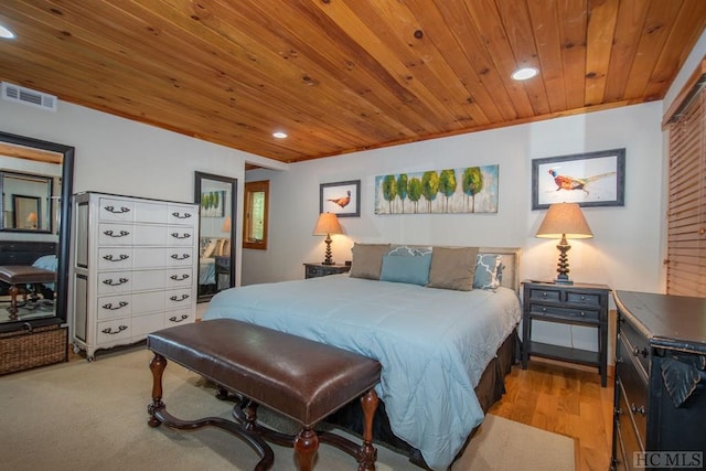 bedroom featuring light wood-type flooring and wooden ceiling