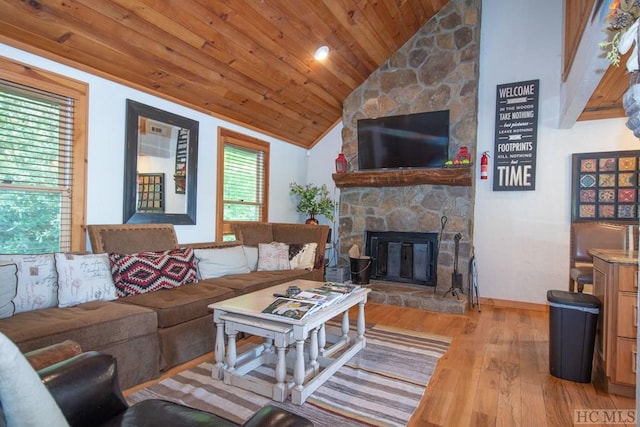 living room featuring a fireplace, high vaulted ceiling, light wood-type flooring, and wood ceiling