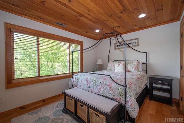 bedroom with light hardwood / wood-style flooring and wood ceiling