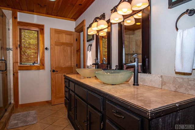 bathroom with vanity, tile patterned flooring, and wooden ceiling