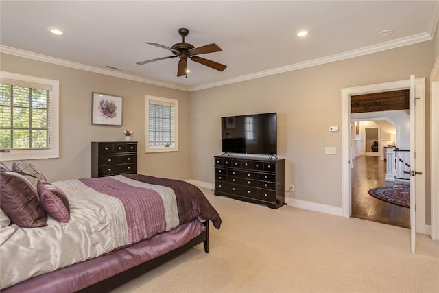 115 Falls Ct W, Highlands, NC 28741 - bedroom featuring carpet flooring, ornamental molding, recessed lighting, and a ceiling fan