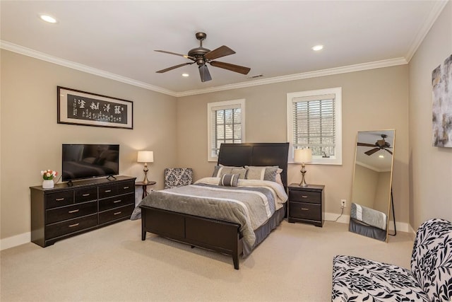 115 Falls Ct W, Highlands, NC 28741 - bedroom with light colored carpet, crown molding, ceiling fan, and recessed lighting