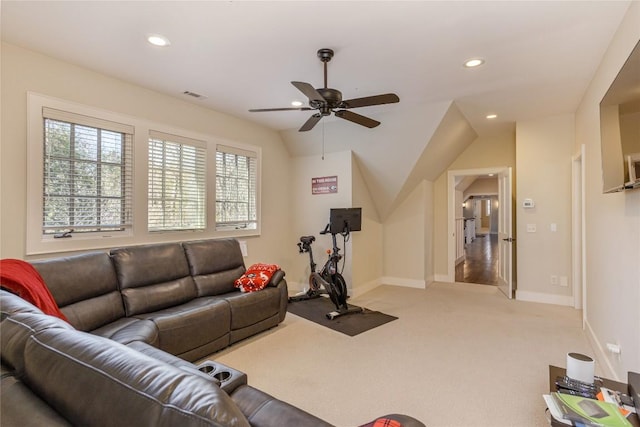 115 Falls Ct W, Highlands, NC 28741 - living area featuring ceiling fan, light colored carpet, and recessed lighting