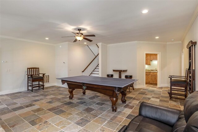115 Falls Ct W, Highlands, NC 28741 - rec room featuring recessed lighting, ceiling fan, billiards table, and ornamental molding