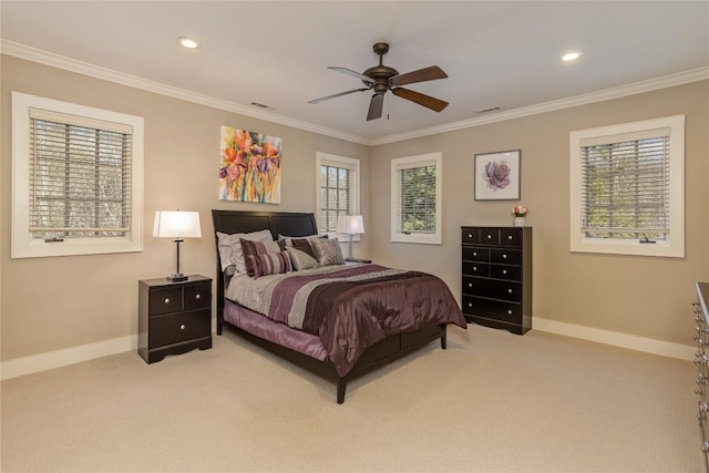 115 Falls Ct W, Highlands, NC 28741 - bedroom featuring light colored carpet, multiple windows, ornamental molding, recessed lighting, and a ceiling fan