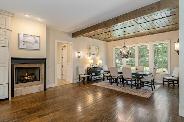 115 Falls Ct W, Highlands, NC 28741 - dining space with a chandelier, wood finished floors, a wood ceiling with exposed beams, and a tile fireplace