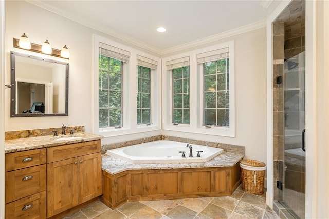 115 Falls Ct W, Highlands, NC 28741 - full bathroom with vanity, a garden tub, a stall shower, and crown molding