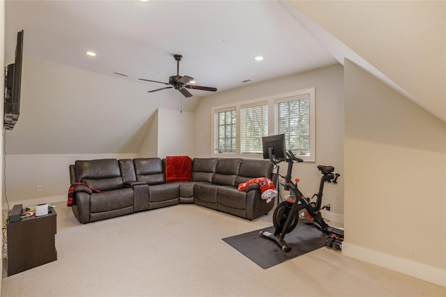 115 Falls Ct W, Highlands, NC 28741 - workout room featuring carpet floors, a ceiling fan, lofted ceiling, and recessed lighting