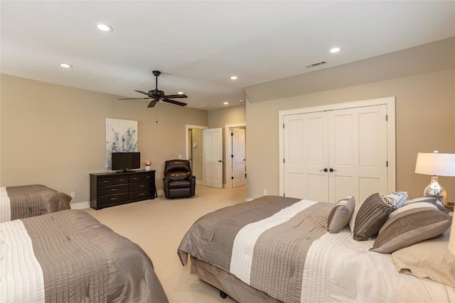 115 Falls Ct W, Highlands, NC 28741 - bedroom with recessed lighting, light carpet, ceiling fan, and a closet