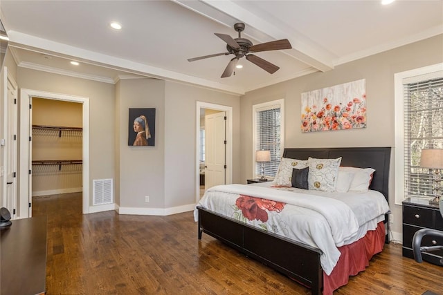 115 Falls Ct W, Highlands, NC 28741 - bedroom featuring recessed lighting, wood finished floors, ornamental molding, beamed ceiling, and a walk in closet